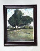 Lush foliage wood oil wood fiber retro landscape painting in wide wooden frame