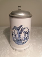 Vintage themed German porcelain beer mug, pewter top, marked.