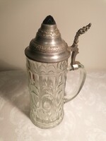 Antique glass beer mug. Laced pewter lid with polished purple crystal glass insert. Marked!
