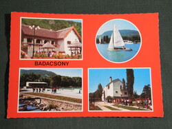 Postcard, Badacsony, mosaic details, small village house, pier, harbor, restaurant, pioneer camp, sailing