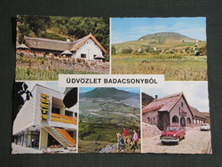 Postcard, Badacsony, mosaic details, Kisfaludy house, Moskvitz 403 car, Wartburg car, post office