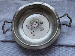 Old faience tray with a very beautiful pattern, floral, pansy patterned handle - damaged