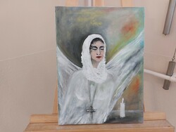 (K) modern angel painting 40x30 cm signed with frame