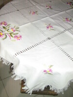 Beautiful purple floral hand-embroidered azure fringed tablecloth