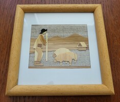 Straw canvas picture shepherd sheep with lamb pattern glazed in a frame