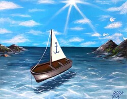 Small boat at sea acrylic painting