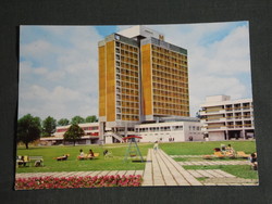 Postcard, Balatonfüred, marina hotel skyline, park detail with people
