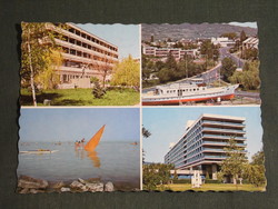 Postcard, Balatonfüred, mosaic details, Pákás statue, Helka cruise ship, hotel, beach
