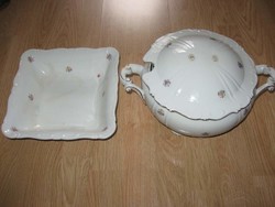 Zsolnay porcelain rectangular side dish + round meat pot with lid in one