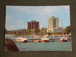 Postcard, Balatonfüred, beach detail, sailing harbor, marina hotel, skyline