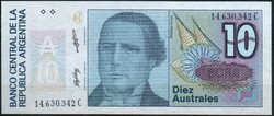 D - 108 -  Külföldi bankjegyek:  1989 Argentina  10 australes UNC
