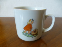 Zsolnay antique story mug. A little girl with a teddy bear in a pram and a little girl with a watering can