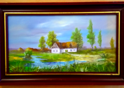 Farm by the lake oil painting