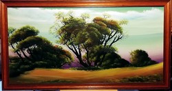 Amazing oil painting by László Marosán - purple sky (80 x 40 + frame)