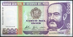 D - 106 -  Külföldi bankjegyek:  1988  Peru 5000 intis UNC