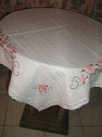 Beautiful pink floral needlework tablecloth with cross-stitch embroidery