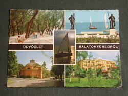 Postcard, Balatonfüred, mosaic details, heart hospital, Révés fisherman statue, promenade, circular church