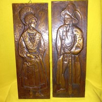 "Férfi és Nő népviseletben ". 2db réz kép, falidísz. Domborított réz képek.Relief