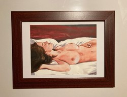 Sleeping female nude, watercolor painting in a beautiful frame