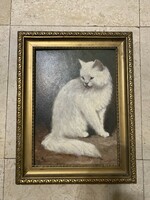 Workshop: white cat oil on cardboard painting