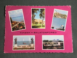 Postcard, Tihany, Balatonfüred, mosaic details, hotel, Révés fisherman statue couple, beach, view, heart disease