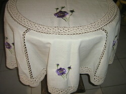 Dreamy crocheted lace inset purple machine floral huge ecru oval needlework tablecloth