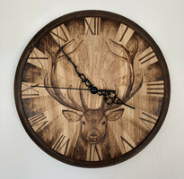 Wooden wall clock with pie decoration - deer portrait - hunting, game