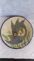 Vintage (1950) faience wall plate with fish, hand painted, marked, Spanish. Seed: 3 cm, diam. 21