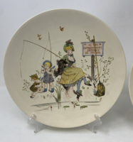 Antik Sarreguemines fajansz "talking plates" vicces színes beszélő tányérok ,fali dísztányok 2db RZ