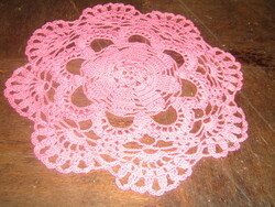 Cute pink hand crocheted round lace tablecloth