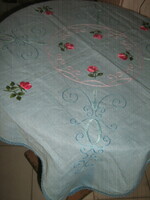 Beautiful vintage rose hand embroidered light blue filigree table cloth with lace edge
