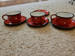 Old enamel polka dot coffee cups with bottoms. 3 in one.