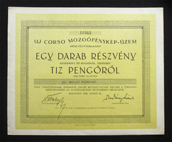 Uj Corso Mozgófénykép-Üzem részvény 10 pengő 1936 /ma Pesti Színház/