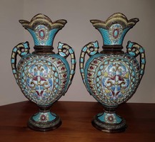 Pair of antique julius greiner & sohn 19th century historicizing majolica vases, not Zsolnay, but wonderful shape