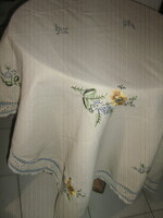 Beautiful vintage floral embroidered crochet edge woven tablecloth