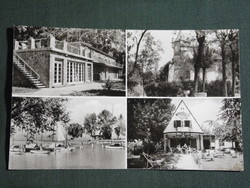 Postcard, Balatonszeme, mosaic details, Halért resort, pier, port, church