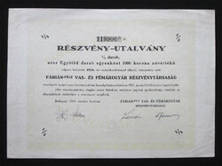 Fábián-féle Vas- és Fémárugyár részvényutalvány 1/5 darab 1000 korona 1924
