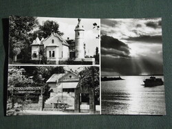 Képeslap, Balatonfenyves,mozaik részletek,Dorogi bányász üdülők, naplemente, hajó