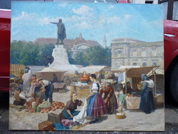 High-quality oil painting, German Gyula from Gyertyány: fair on the main square in Kecskemét!