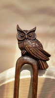 Owl pattern hairpin carved from walnut wood
