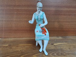 Hollóháza porcelain figural sculpture, hand-painted girl stringing peppers. 25 cm high. HUF 5900