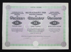 Mezőgazdasági Ipar Részvénytársaság részvény 10x15 pengő 1927