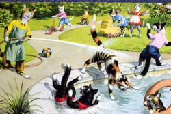 Old retro humorous graphic postcard cat - accident in the park