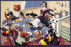 Old retro humorous graphic postcard cat family having lunch