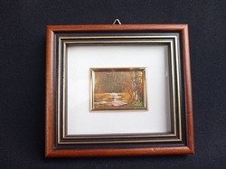 Miniature golden picture, wall picture printed on a gilded plate, landscape