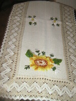 Beautiful floral hand embroidered lacy edged woven tablecloth running