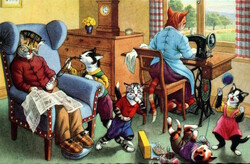 Old retro humorous graphic postcard cat family, grandmother sewing, grandfather sleeping..