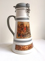 Huge 2 l German glass beer krigli jug demizson Great Charlemagne scene with metal handle and buckled lid
