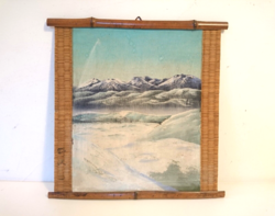 Old Japanese landscape painting, canvas on wooden board, bamboo frame, tempera? - Signed