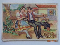 Old graphic greeting card, young couple in folk costume